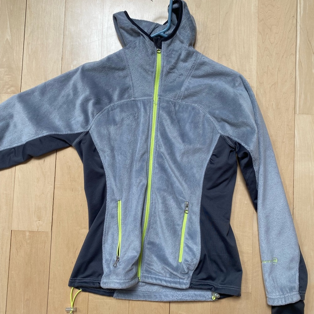 Fuzzy gray zip up jacket with neon yellow zipper